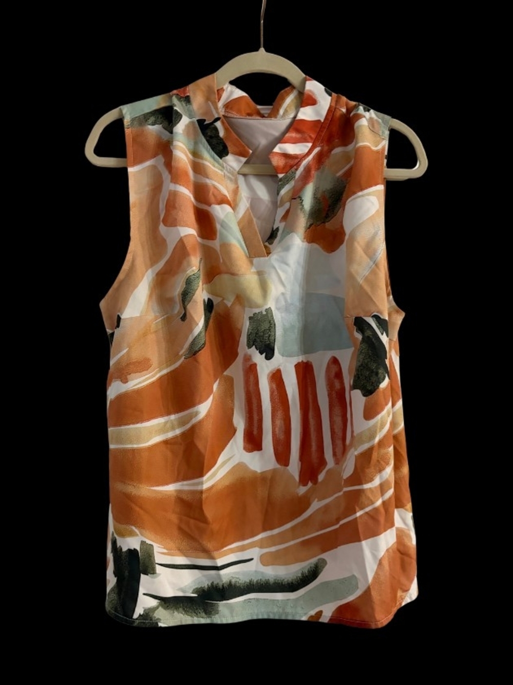Source Unknown Abstract Print Notch-Neck Sleeveless Top in Rust, White & Olive